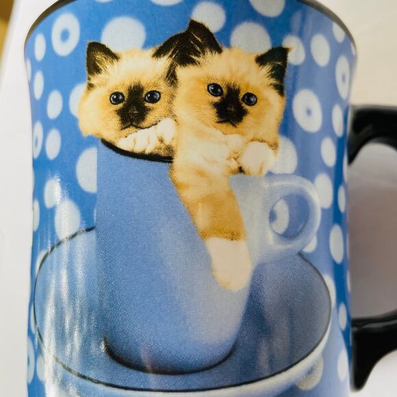 Keith Kimberlin Siamese Kittens Cat Polka Dot Mug Coffee Tea Cup Blue White - Picture 7 of 7